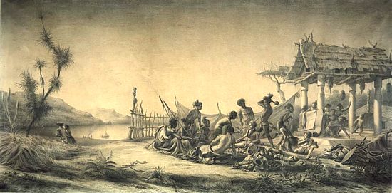 Mort de Marc-Joseph Marion Dufresne dans la baie des Îles. Gravure de Charles Meryon (1821-1868)