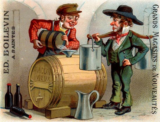 Sommelier ajoutant de l'eau au vin. Chromolithographie publicitaire de 1879