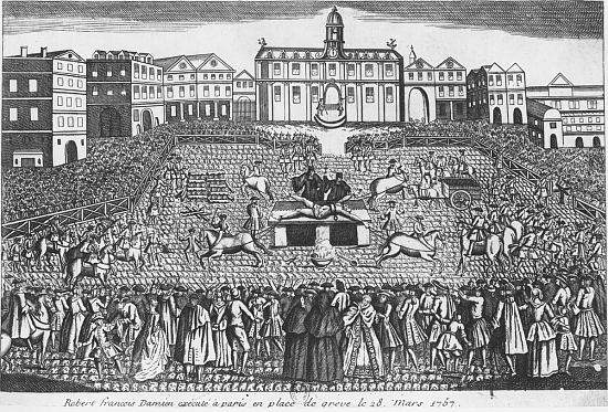 Robert-François Damiens écartelé en place de Grève. Gravure anonyme du temps
