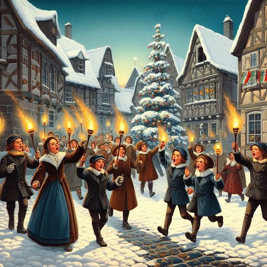 La veille de Noël, des écoliers portant des torches allumées vont dans les rues en criant Noël ! Noël !