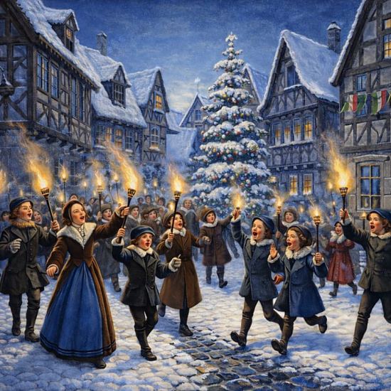 La veille de Noël, des écoliers portant des torches allumées vont dans les rues en criant Noël ! Noël !