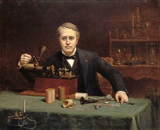 Thomas Edison avec son premier phonographe amélioré en 1877. Peinture d'Abraham Archibald Anderson (1889)