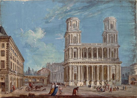 Église Saint-Sulpice à Paris, dont Daniel Gittard réalisa notamment le choeur (1660-1675). Dessin du XVIIIe siècle de Jean-Baptiste Lallemand