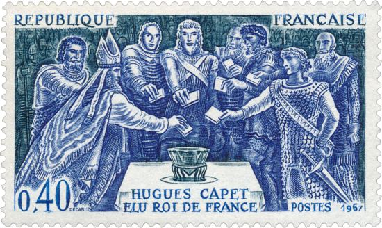 Hugues Capet élu roi de France. Timbre émis le 13 novembre 1967 dans la série Grands noms de l'Histoire. Dessin d'Albert Decaris
