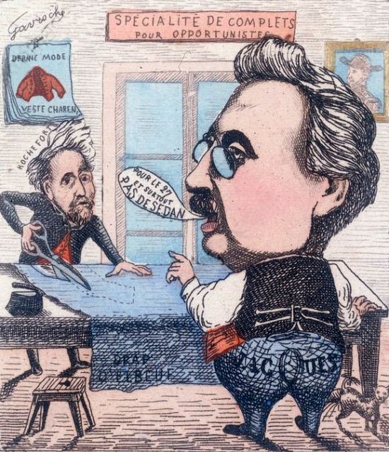 Monsieur Jacques, candidat opposé au général Boulanger aux élections de janvier 1889 se faisant tailler un costume d'opportuniste. Dessin de Gavroche (Morazzani) paru dans La Diane