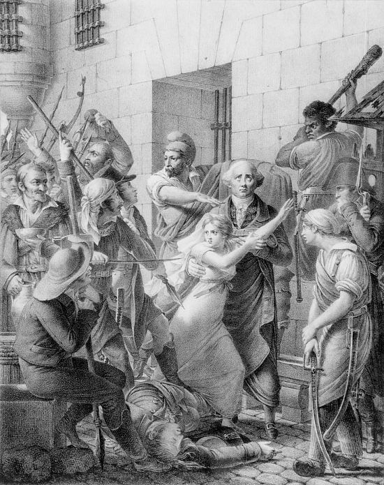 Le courage d'Élisabeth Cazotte protégeant son père de la foule, le 2 septembre 1792. Gravure extraite des Prisons de Paris (par Maurice Alhoy et Louis Lurine) paru en 1846