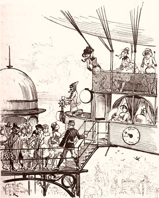 Embarcadère des aéronefs. Illustration extraite de Le Vingtième siècle par Albert Robida, paru en 1883