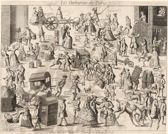 Les embarras de Paris. Gravure du XVIIIe siècle