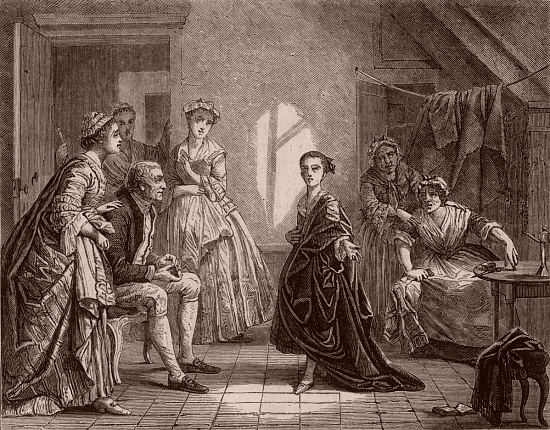 Enfance de Mlle Clairon, actrice de la Comédie-Française. Gravure d'après une peinture de Gustave Housez réalisée en 1861