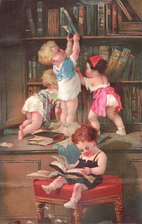 Les enfants donnant l'assaut à la bibliothèque. Chromolithographie réalisée vers 1880