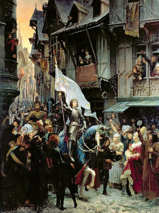 Jeanne d'Arc, victorieuse des anglais, rentre à Orléans et est acclamée par la population le 8 mai 1429. Peinture de Jean-Jacques Scherrer (1887)