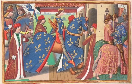 Entrée de Charles VII à Paris le 12 novembre 1437. Enluminure extraite des Les Vigiles de la mort de Charles VII par Martial d'Auvergne (manuscrit français n°5054 de la BnF datant de 1484)