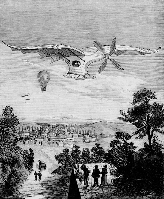 L'Éole de Clément Ader, lors d'une expérience dans le parc Eugène Pereire aux environs de Paris en 1891. Gravure extraite de La Science française du 12 septembre 1891