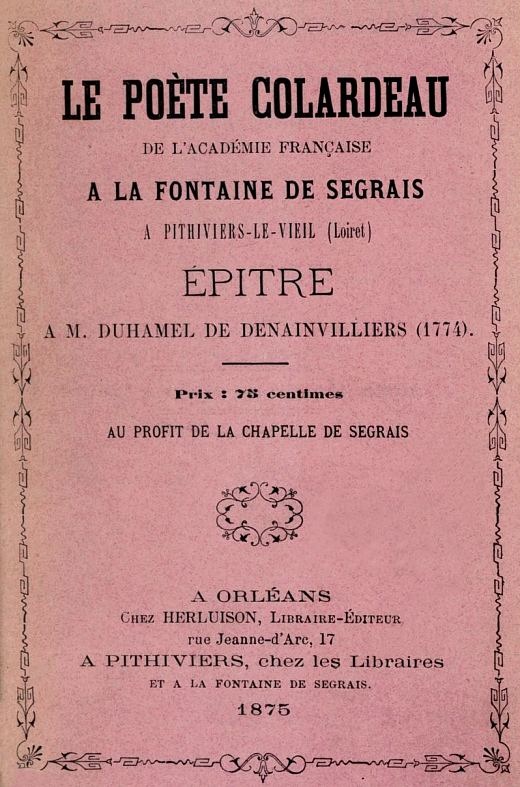 Couverture d'une réédition de 1875 de l'Épître à M. Duhamel de Denainvilliers de Charles-Pierre Colardeau (1774)
