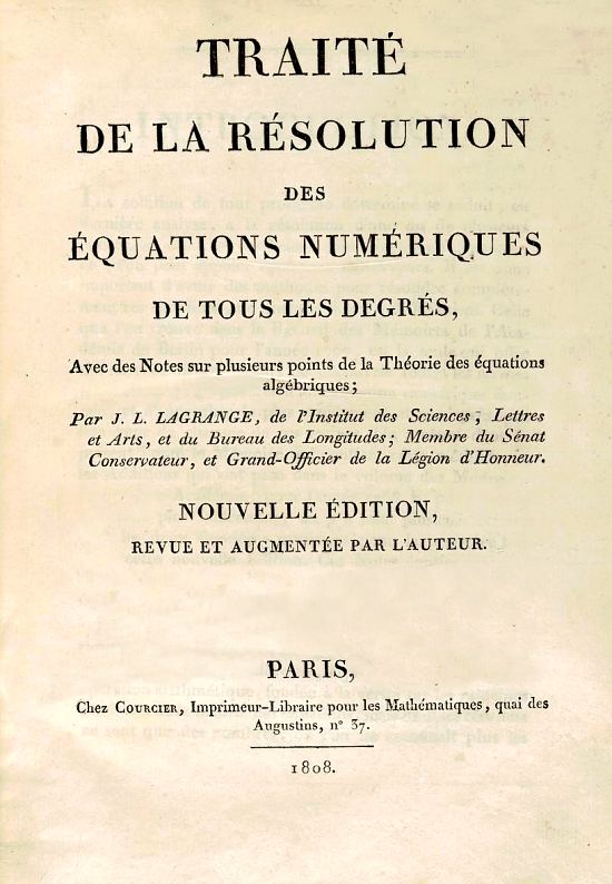 Page de titre du Traité de la résolution des équations numériques de tous les degrés, avec des notes sur plusieurs points de la théorie des équations algébriques (par Joseph-Louis Lagrange), édition de 1808