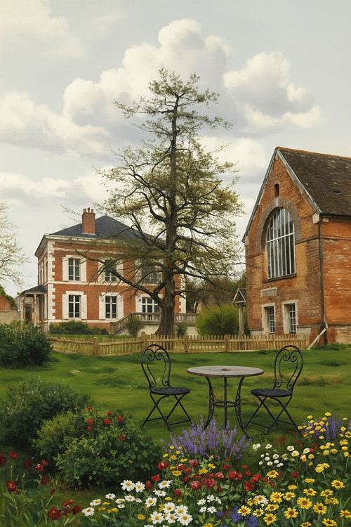La demeure de Camille Pissarro à Éragny-sur-Epte (Eure), qu'il occupa à partir de 1884. Le peintre avait aménagé son atelier dans la grange (sur la droite), d'où il pouvait notamment voir le clocher du village, cette vue lui inspirant l'œuvre intitulée Le jardin potager et le clocher d'Eragny