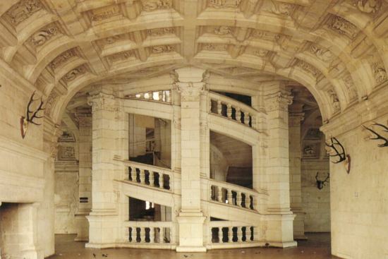 Château de Chambord. L'escalier à double révolution situé au centre du donjon