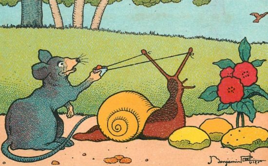 Le rat et l'escargot : le lance-pierre. Illustration de Benjamin Rabier Le rat et l'escargot : le lance-pierre. Illustration de Benjamin Rabier