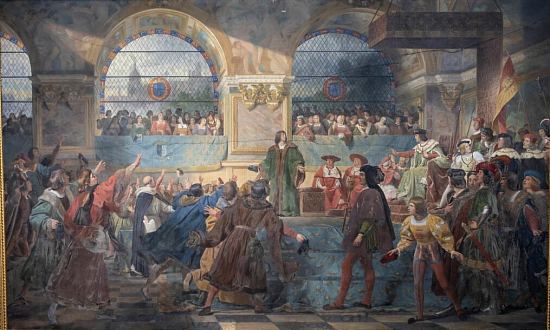 Louis XII proclamé Père du Peuple aux États généraux de Tours en 1506. Plafond de la huitième salle de la céramique antique du musée du Louvre (1828)