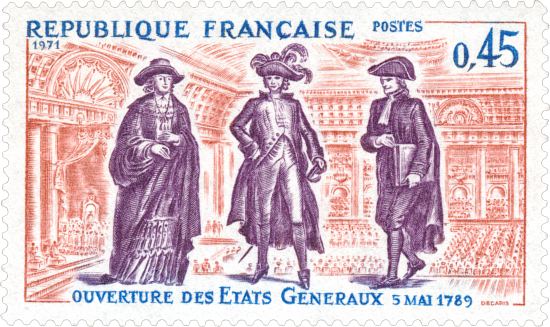 Ouverture des états généraux le 5 mai 1789. Timbre émis le 10 mai 1971 dans la série Histoire de France. Dessin d'Albert Decaris
