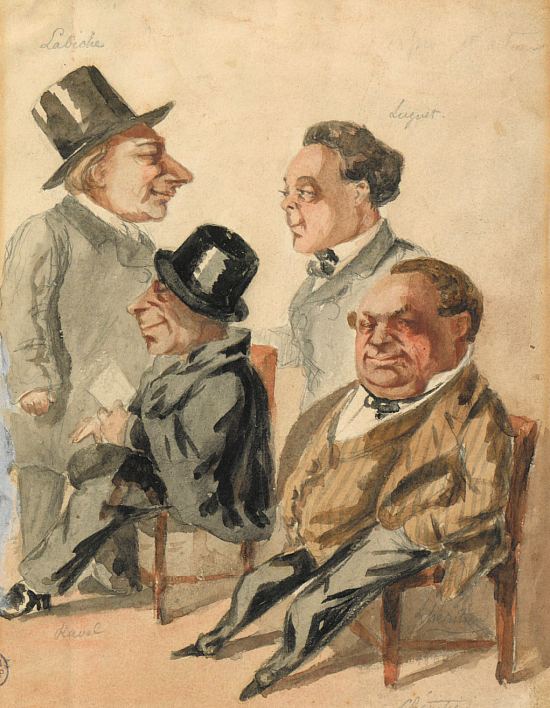 Eugène Labiche (à gauche), avec Henri Luguet, Pierre Ravel et Lhéritier. Aquarelle de Lhéritier (1867)