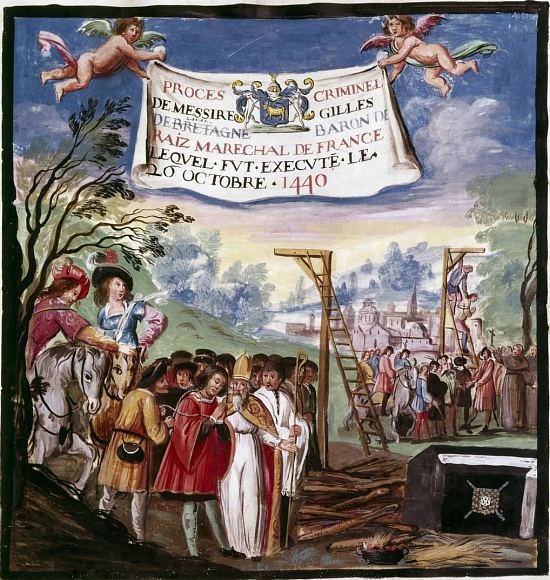 Exécution de Gilles de Rais. Enluminure extraite d'un manuscrit réalisé pour Jean Bouhier (1673-1746), président à mortier au parlement de Dijon