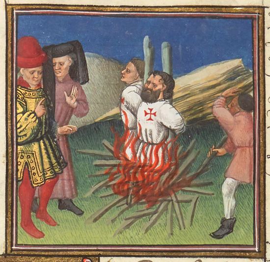Exécution des Templiers. Enluminure extraite de la traduction de Laurent du Premierfait du De casibus virorum illustrium de Boccace (manuscrit n°229 de la BnF datant d'environ 1440)