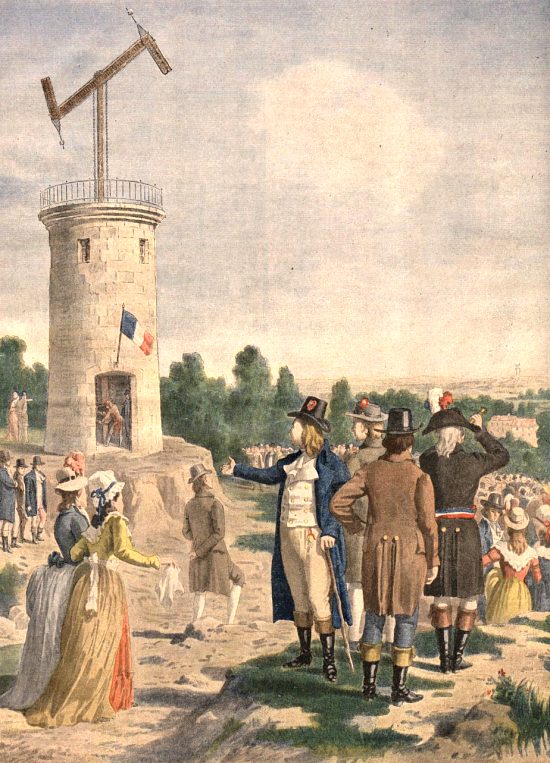 Expérience du télégraphe de Chappe dans le parc de Saint-Fargeau à Ménilmontant, le 12 juillet 1793. Illustration extraite du Supplément illustré du Petit Journal du 1er décembre 1901