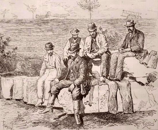Les explorateurs à la sortie du puits de Padirac en juillet 1889. Dessin de Tofani (d'après une photographie de Rupin) paru dans Le Tour du Monde en 1890
