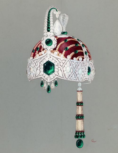 Exposition Dessins de bijoux. Les secrets de la création au Petit Palais : Charles Jacqueau pour Cartier, Coiffe de Maharadjah, années 1920. Crayon graphite encre et gouache sur papier vélin translucide