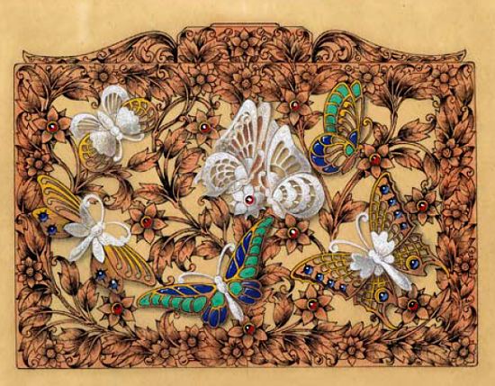 Exposition Dessins de bijoux. Les secrets de la création au Petit Palais : dessinateur non identifié pour ce nécessaire papillons de Boucheron, de 1945
