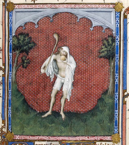 Fou tenant une massue près d'un arbre. Enluminure extraite du Psautier de Jean de Berry datant d'environ 1390 (manuscrit français n°13091 de la BnF)