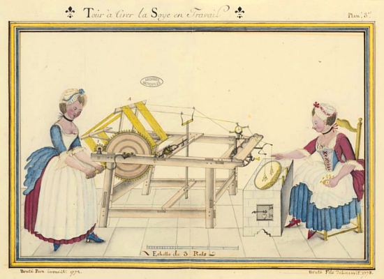 Dessin du nouveau tour à tirer la soie par Bruté père et fils, inspecteurs des manufactures, 1779