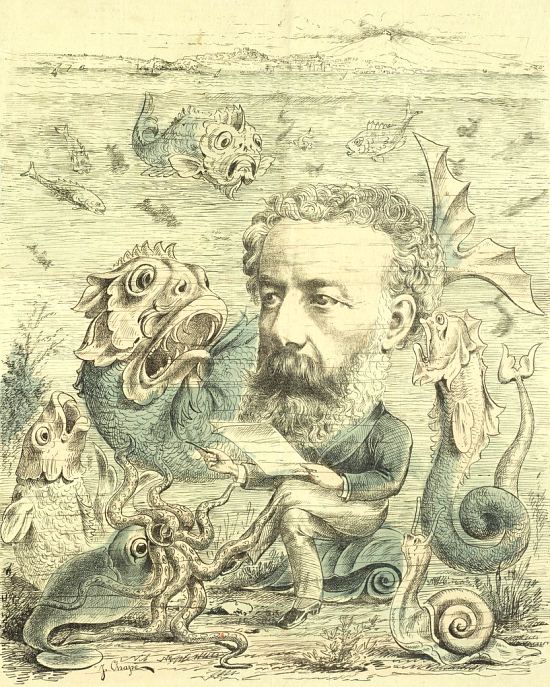 M. Jules Verne allant recueillir aux bonnes sources des renseignements authentiques sur le monde marin. Illustration de couverture de L'Algérie comique et pittoresque du 15 juin 1884