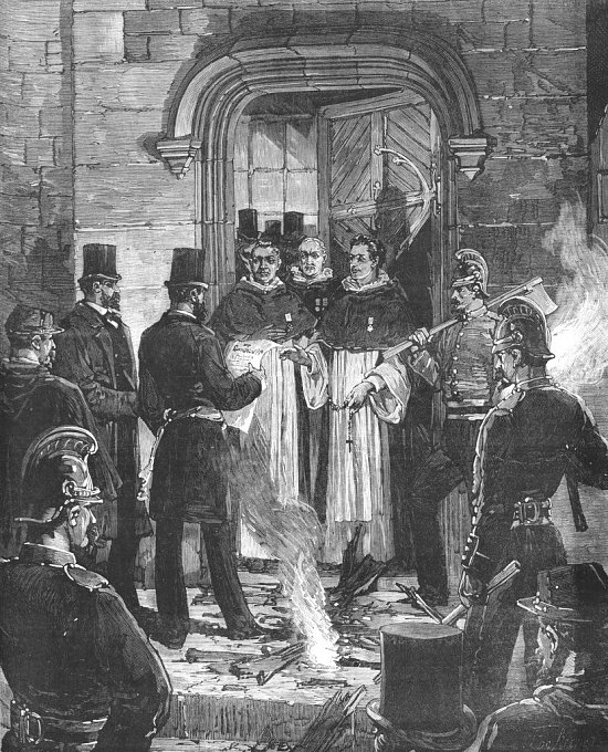 Expulsion des Dominicains de la rue Jean de Beauvais à Paris, le 5 novembre 1880. Gravure de Dick de Lonlay