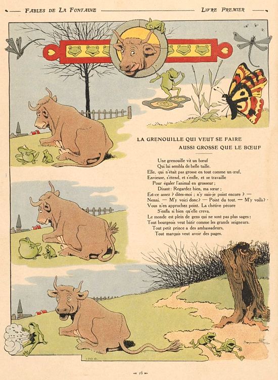 La grenouille qui veut se faire aussi grosse que le bœuf. Planche extraite de Fables de La Fontaine illustrées par Benjamin Rabier, paru en 1906