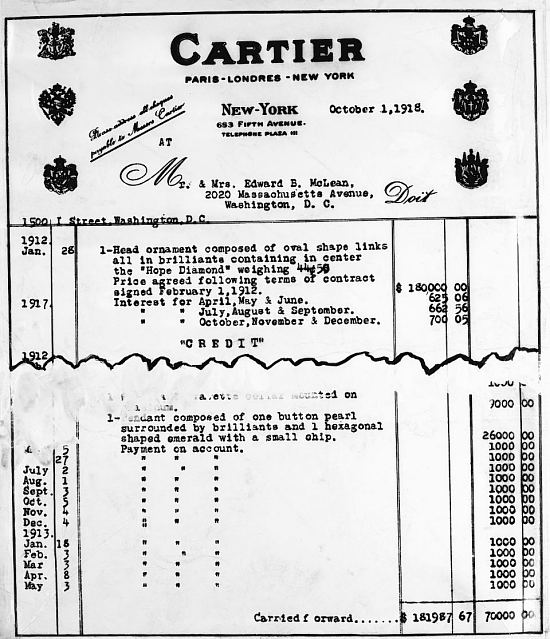 La facture du diamant Hope, vendu en 1912 par la maison Cartier au couple McLean pour 180 000 $