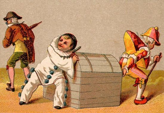 Pierrot et Polichinelle voleurs d'une malle. Chromolithographie publicitaire publiée vers 1880