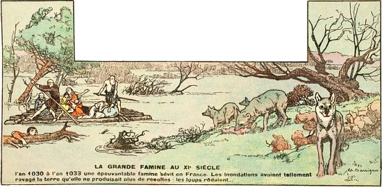 La grande famine au XIe siècle. Illustration de Charles Darrigan extraite de Histoire de France de Gustave Gautherot, paru en 1934