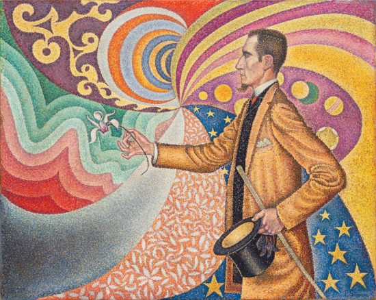 Opus 217. Sur l'émail d'un fond rythmique de mesures et d'angles, de tons et de teintes. Portrait de M. Félix Fénéon en 1890. Peinture de Paul Signac (1863-1935)