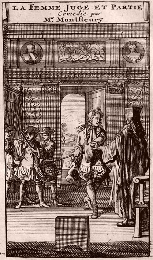 La Femme juge et partie. Gravure extraite de l'édition de 1735 des OEuvres de Montfleury, contenant ses pièces de théâtre, représentées par la troupe des comédiens du roi à Paris
