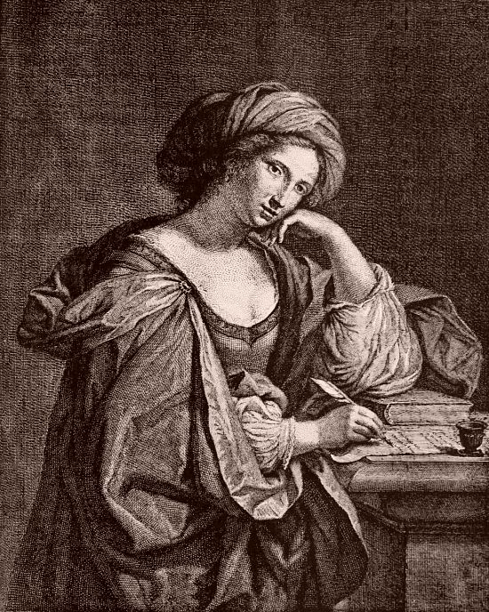 Femme écrivant, une plume d'oie à la main et un encrier de plomb, à ornement, devant elle. D'après une peinture du Guerchin (1591-1666)