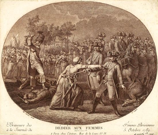 Des troubles éclatent entre les femmes parisiennes et la garde nationale versaillaise le soir du 5 octobre 1789. Gravure de Jacques-Philippe Caresme (1734-1796) sous-titrée Bravoure des femmes parisiennes à la journée du 5 octobre 1789