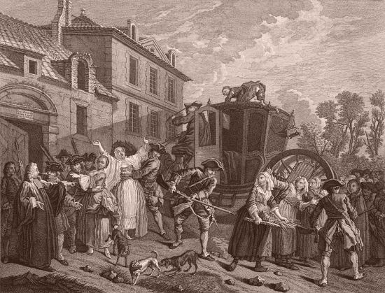 La police ferme une maison de prostitution. Gravure de Claude-Augustin Duflos réalisée d'après une peinture d'Étienne Jeaurat (1757)