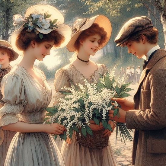 En 1900, les grands couturiers donnent une fête dans les bois de Chaville pour célébrer les femmes et leur font remettre des bouquets de muguet