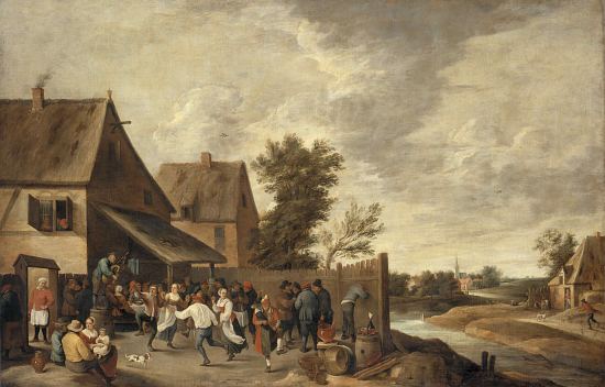 Fête de village avec joueur de cornemuse sur un tonneau. Peinture de Thomas van Apshoven (milieu XVIIe siècle)