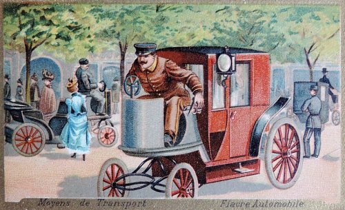 Fiacre automobile à pétrole. Chromolithographie du début du XXe siècle