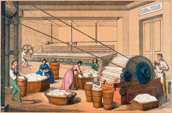 Cardage et filage du coton. Chromolithographie de 1855 faisant partie d'une série éducative éditée par Belin et Bethmont et intitulée Le coton