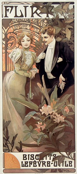 Flirt. Biscuits Lefèvre-Utile. Affiche publicitaire de 1899-1900 réalisée par Alphonse Mucha