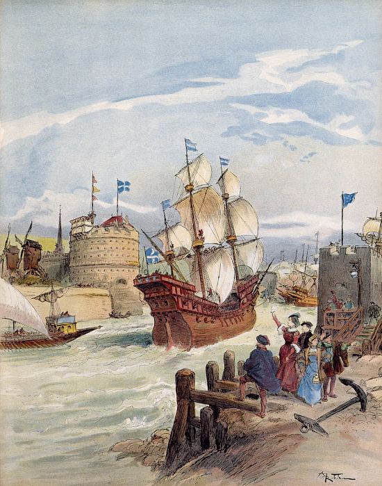 Flotte de François Ier au Havre en 1540. Lithographie couleur d'après une illustration de 1909 d'Albert Robida